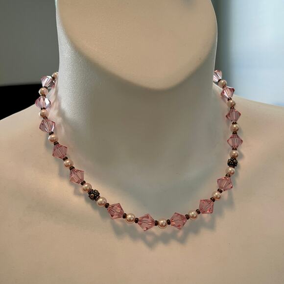 Rose Pink Austrian Crystals & Pearls 16” Necklace Matching Post earrings Set - Picture 4 of 11